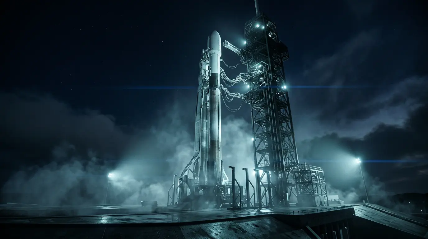 A rocket on a floodlit launch pad at night, wrapped in mist and steel gantry structure.